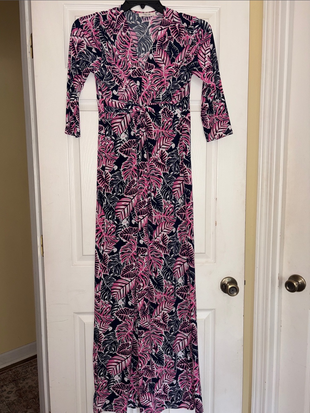 Pink and Navy Leaf-Print Maxi Dress, Vacay, Medium